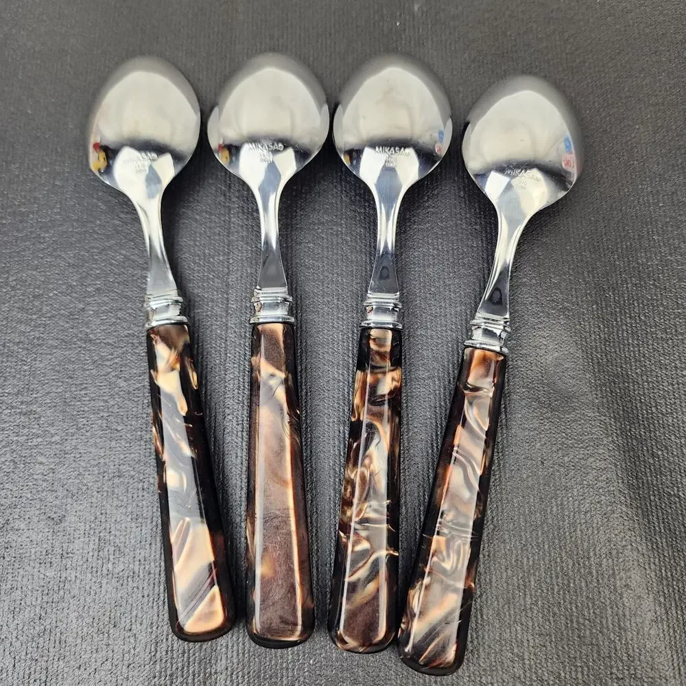 4 MIKASA Tortoise Handle Flatware Brown Acrylic Handle Soup /Tablespoons 8.5